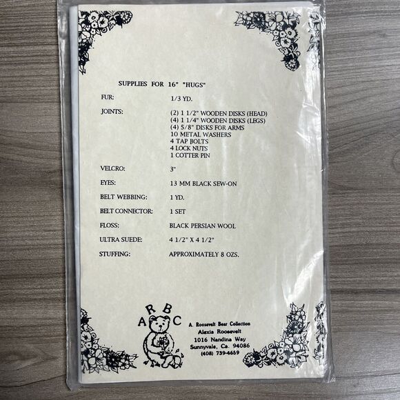 Hugs Plush Bear Sewing Pattern 16 Inch Toy Craft A Roosevelt Bear Company - Picture 3 of 5